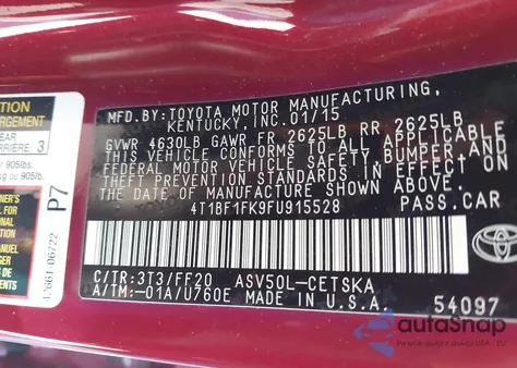 2015 Toyota Camry Se z USA, uszkodzony, nr VIN 4T1BF1FK9FU915528